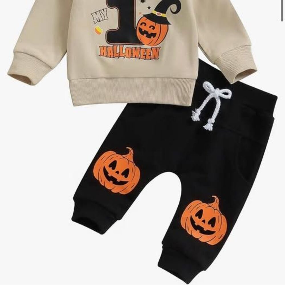 mlpeerw Baby Boy My First Halloween Pumpkin Sweatshirt and Pants Set, 0-3 Months